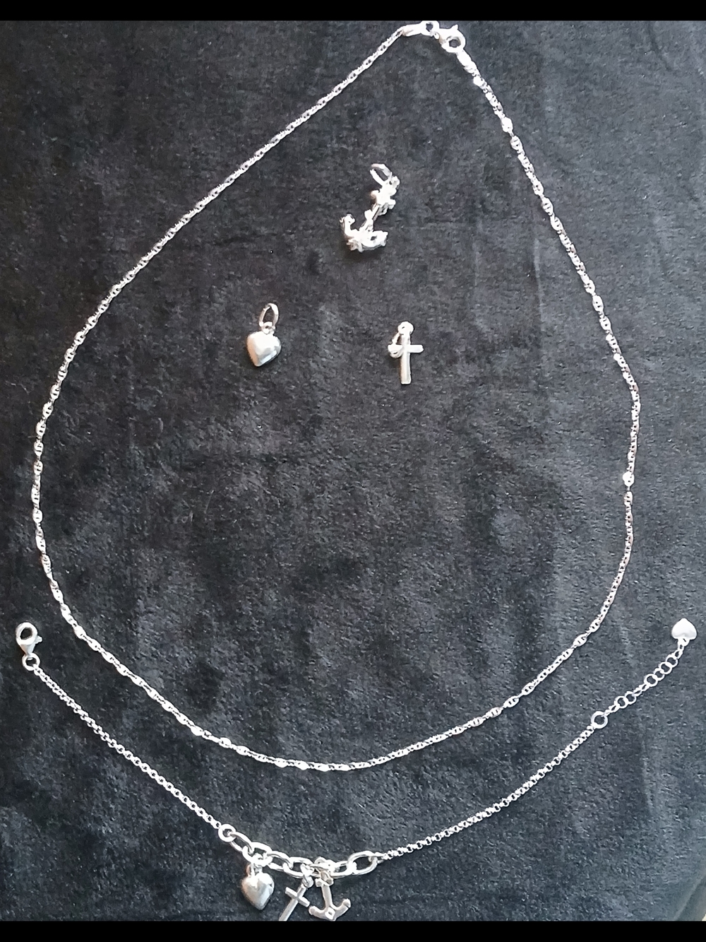 Sterling Silver Heart , Anchor & Cross Pendant Necklace And Matching Braclet